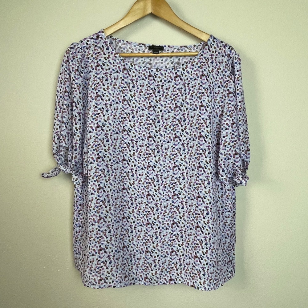 Ann Taylor Factory Women's Purple Multi Dot Print‎ Tie Sleeve Blouse Top Plus L